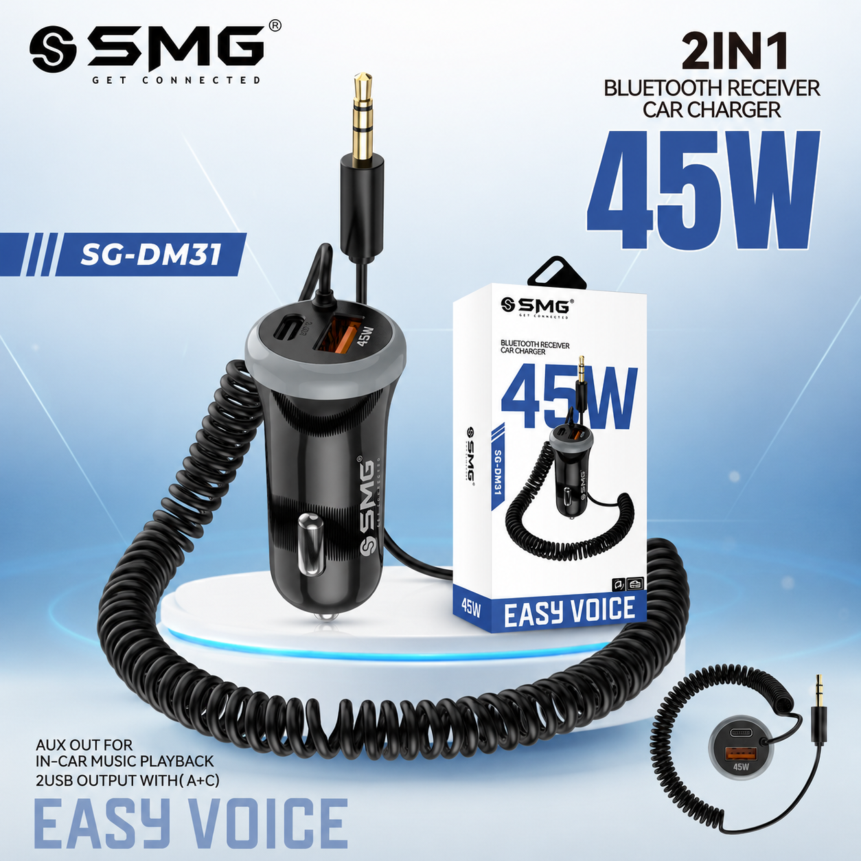 SMG DM31 2in1 Car Bluetooth Receiver With 45W Car Charger